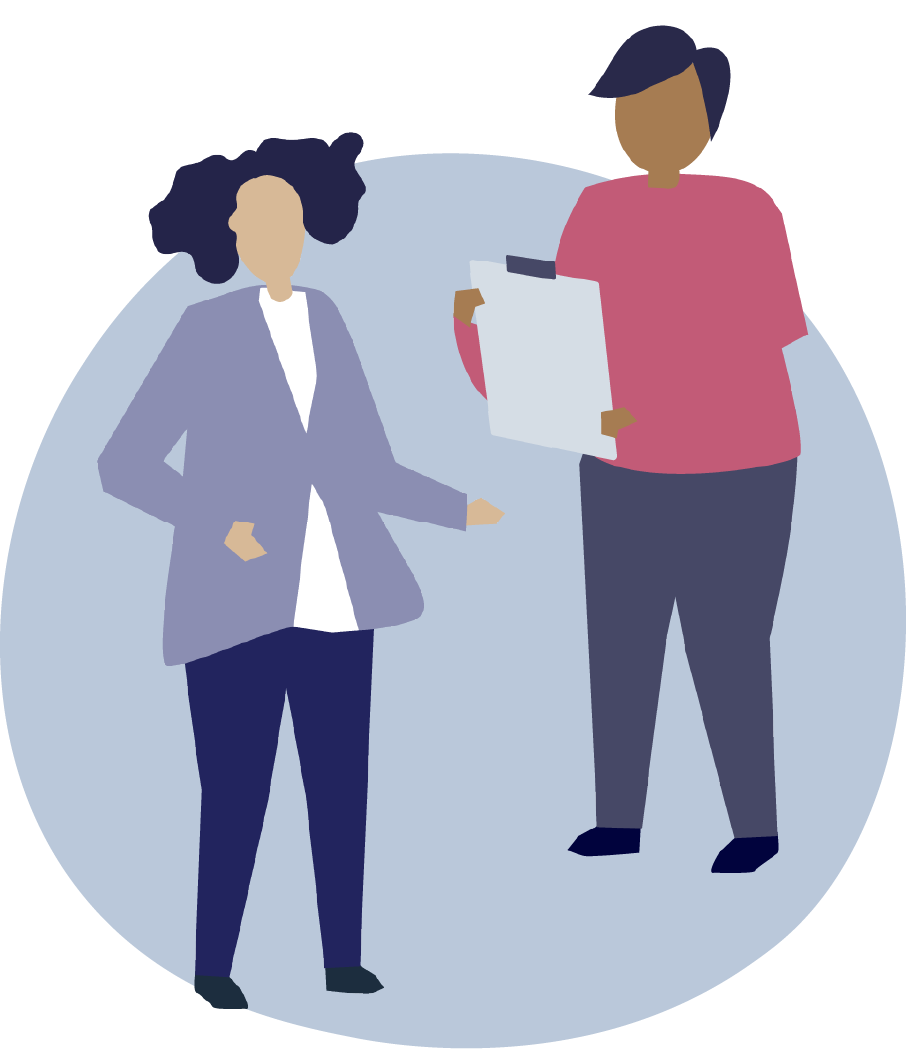 illustration of a public health nurse holding a clipboard and a person having a conversation